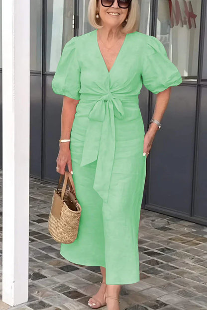 Rowen - Robe en coton avec col en V et manches bouffantes