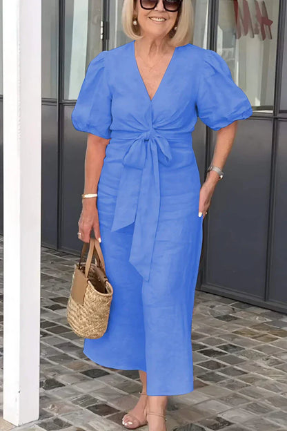 Rowen - Robe en coton avec col en V et manches bouffantes