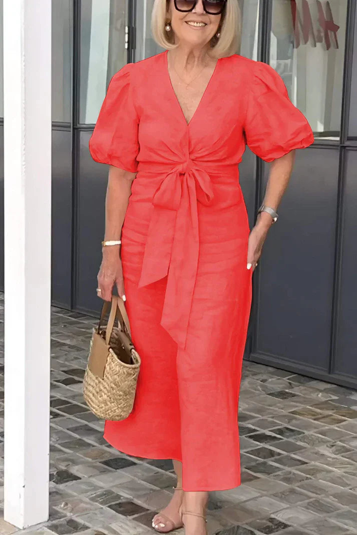 Rowen - Robe en coton avec col en V et manches bouffantes