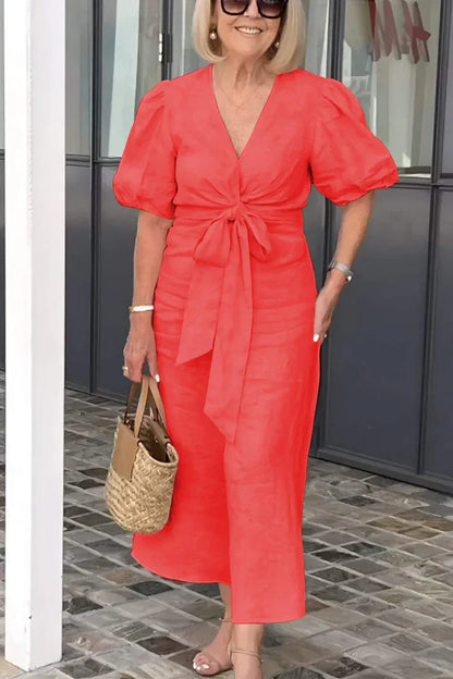 Rowen - Robe en coton avec col en V et manches bouffantes