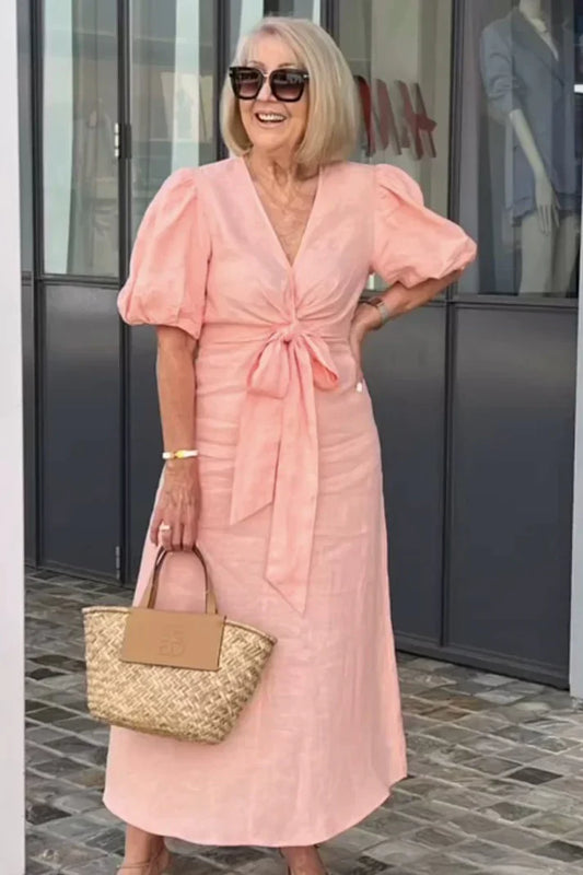 Rowen - Robe en coton avec col en V et manches bouffantes