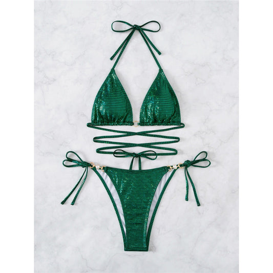 Bikini pailleté vert avec bretelles sexy