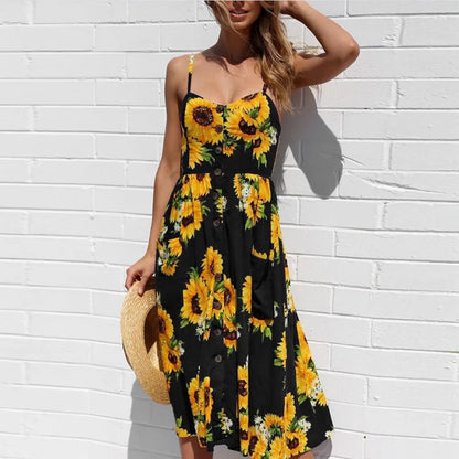 Susan - Robe midi sexy d'été avec imprimé plage