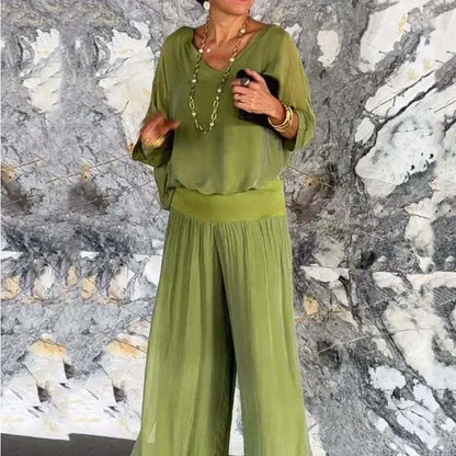 Ensemble deux pièces - Top élégant en mousseline de soie et pantalon