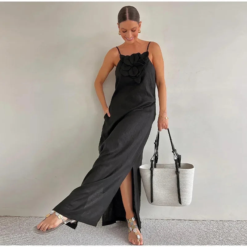 Marinelle - Robe longue avec fente et poches en lin mélangé avec décoration florale