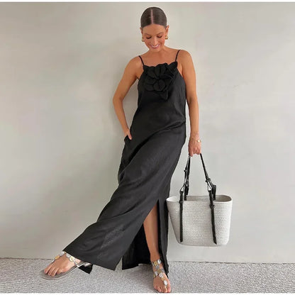 Marinelle - Robe longue avec fente et poches en lin mélangé avec décoration florale