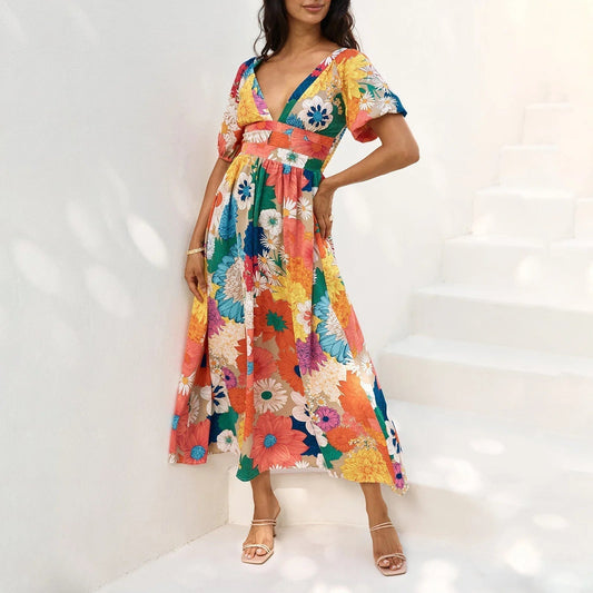 Robe longue à imprimé floral et manches bouffantes courtes