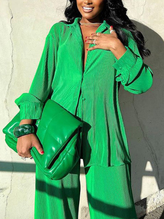 Chemise à manches longues et pantalon large | Ensemble élégant de vêtements deux pièces pour femmes