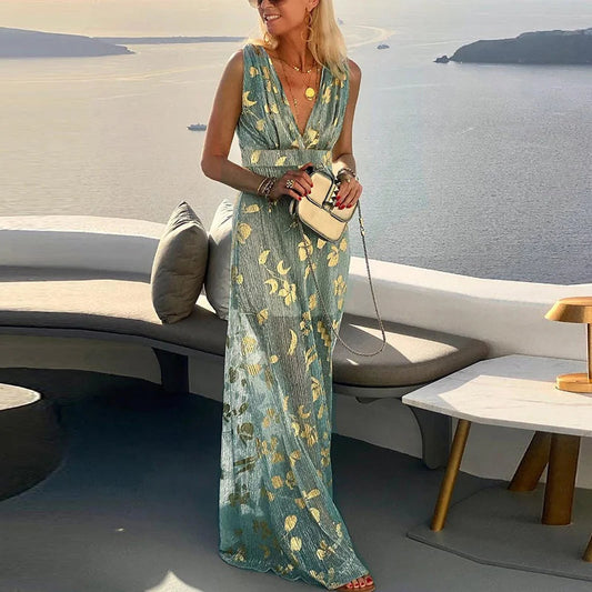 Robe longue fluide avec encolure en V et détails scintillants
