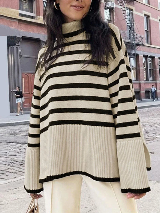 Liselotte - Pull d'hiver rayé surdimensionné à col roulé pour femme