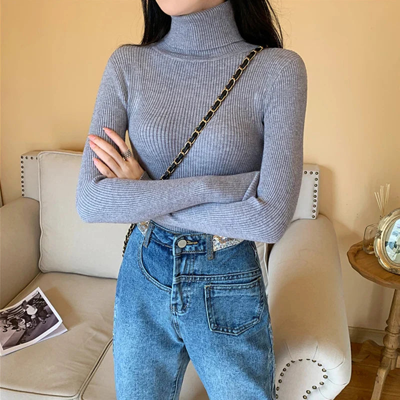 Pull à col roulé avec revers pour femme
