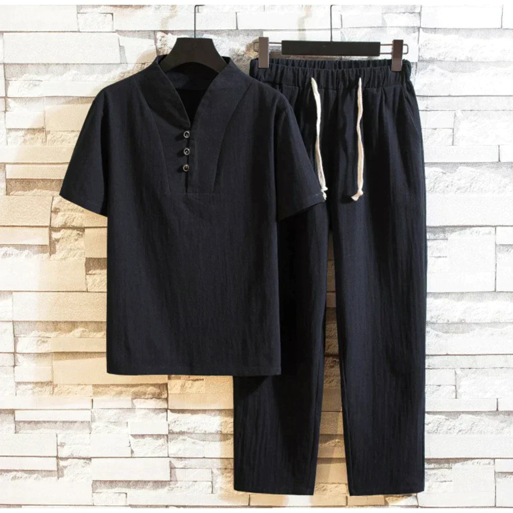 Jordano - Ensemble T-shirt manches courtes et pantalon longueur cheville en coton et lin pour homme