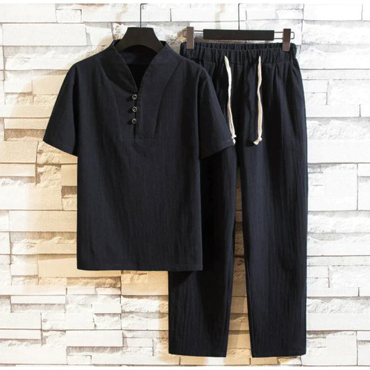 Jordano - Ensemble T-shirt manches courtes et pantalon longueur cheville en coton et lin pour homme