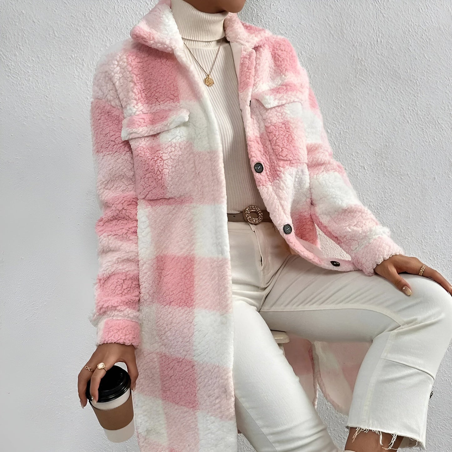 Veste longue à carreaux pour femmes
