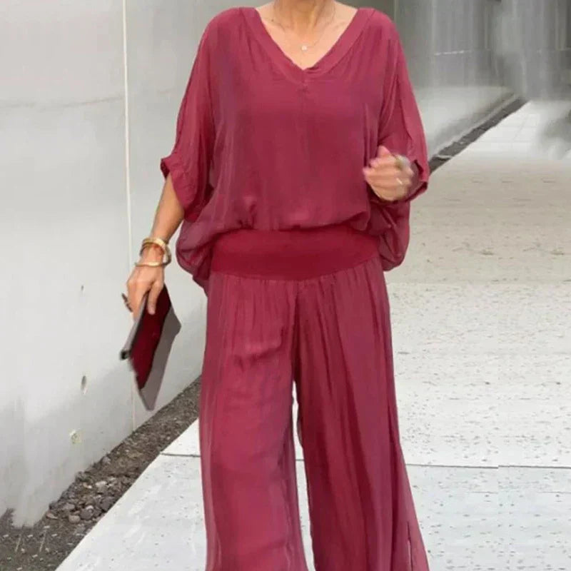 Ensemble deux pièces - Top élégant en mousseline de soie et pantalon