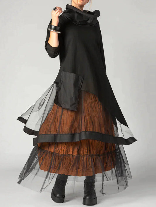Corine - Robe patchwork à manches longues et encolure ronde