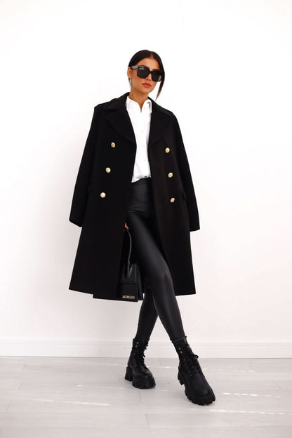 Manteau noir emblématique avec boutons dorés pour femme grande taille
