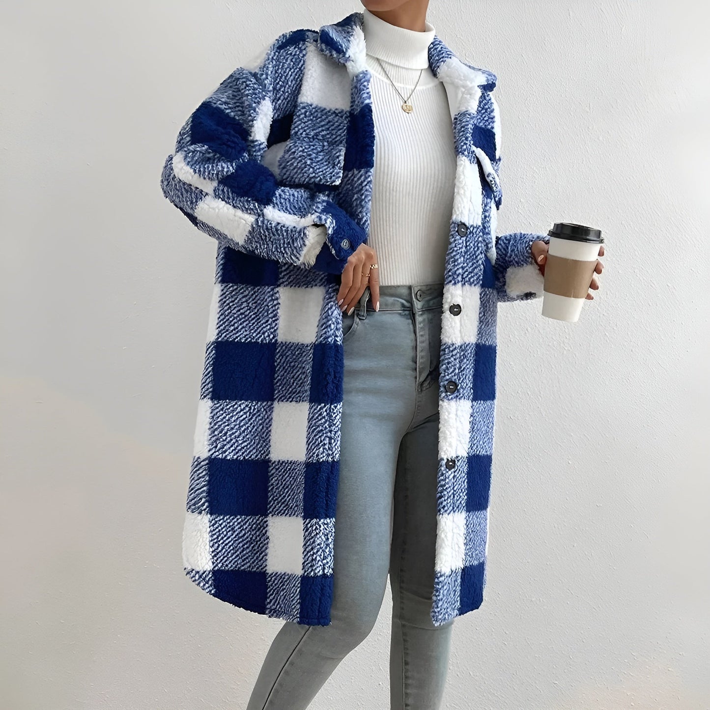 Veste longue à carreaux pour femmes