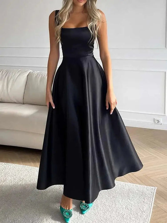 Robe de soirée midi à bretelles avec jupe large élégante