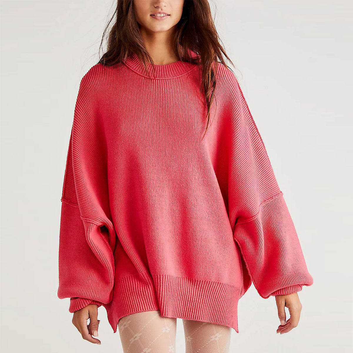 Fayette - Pull Femme Élegant Rouge Oversize à Col Rond et Manches Longues