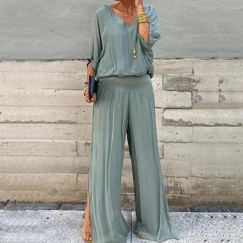 Ensemble deux pièces - Top élégant en mousseline de soie et pantalon