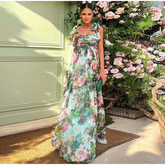 Janey - Élégante robe longue dos nu à imprimé floral