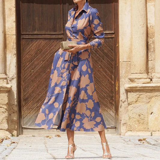 Robe longue élégante avec encolure en V, manches longues et ceinture