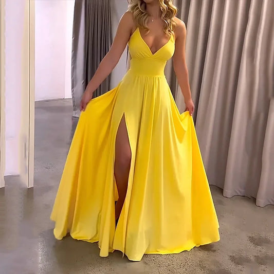 Maxim - Robe longue mode estivale bretelles fendue taille bouclée