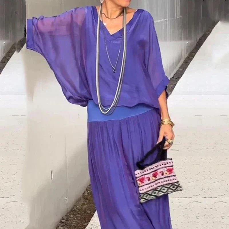 Ensemble deux pièces - Top élégant en mousseline de soie et pantalon