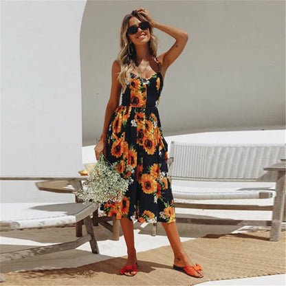 Susan - Robe midi sexy d'été avec imprimé plage