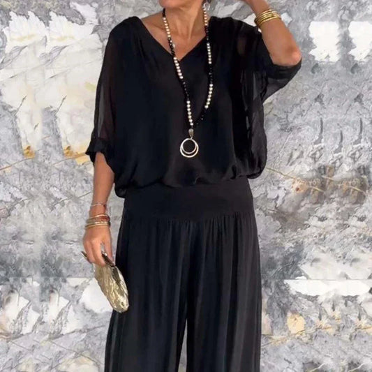Ensemble deux pièces - Top élégant en mousseline de soie et pantalon