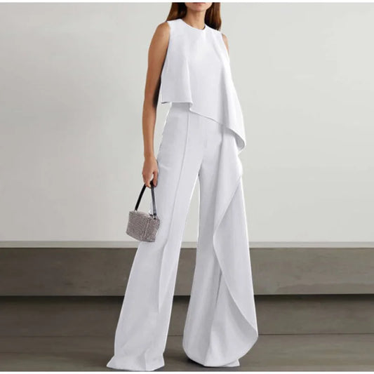Pantalon décontracté sans manches à coupe droite, avec un devant skinny et des jambes larges pour femmes
