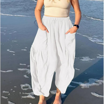 Pantalon large en coton et lin avec ceinture élastique et poches