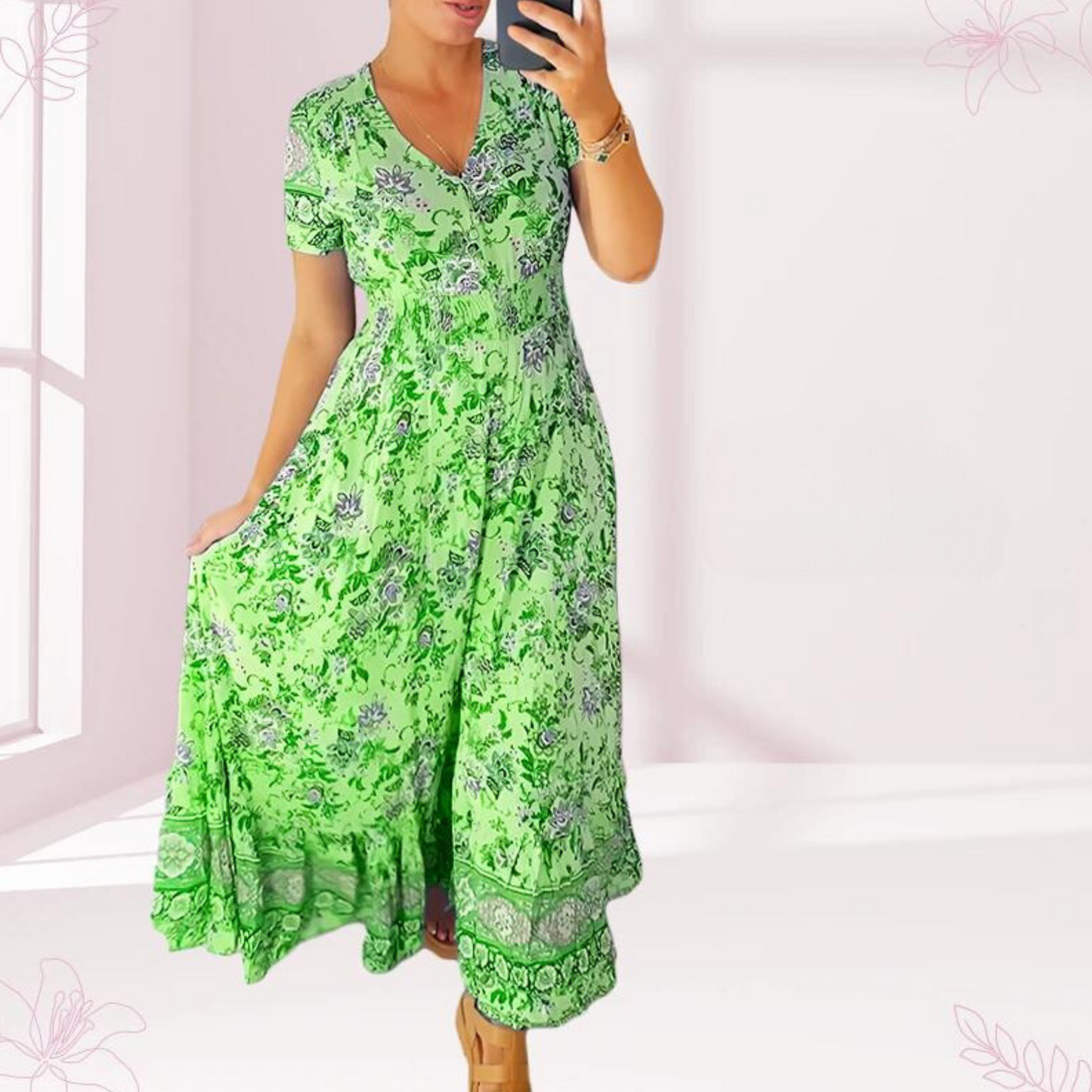 Jewel - Robe longue décontractée avec motif floral, taille volantée et décolleté en V