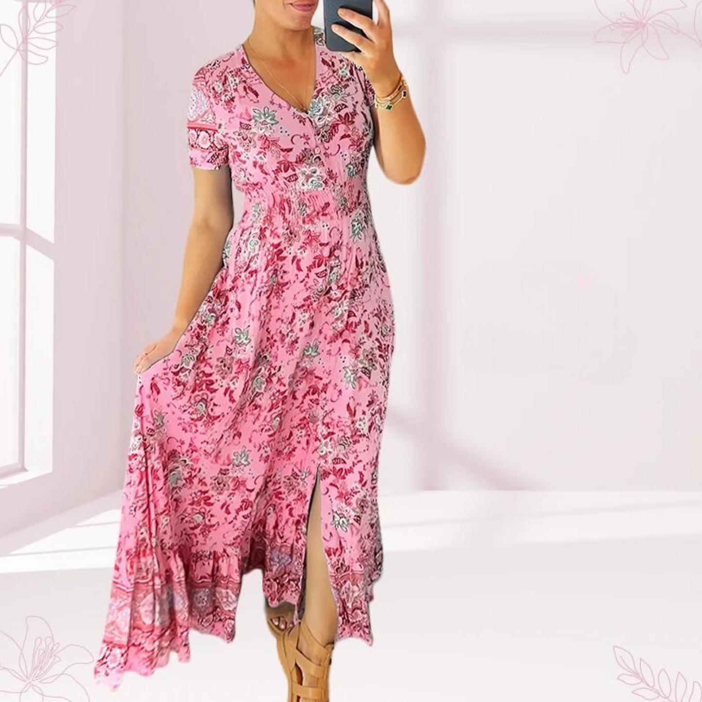 Jewel - Robe longue décontractée avec motif floral, taille volantée et décolleté en V