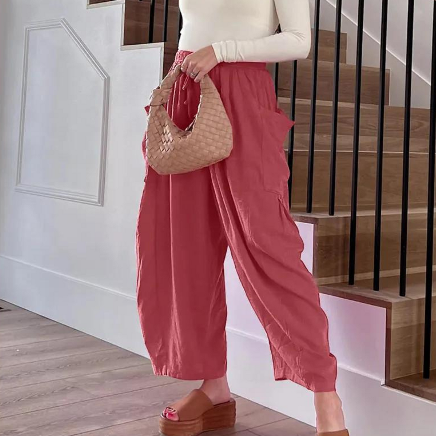 Pantalon large en coton et lin avec ceinture élastique et poches
