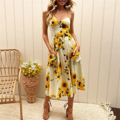 Susan - Robe midi sexy d'été avec imprimé plage