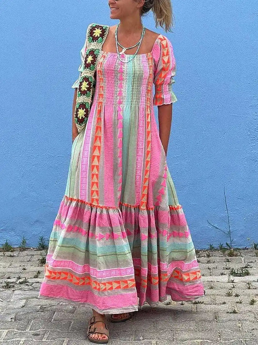 Genevieve - Robe longue rayée, imprimée et plissée en patchwork