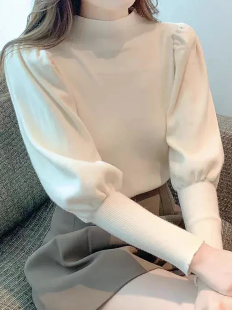 Blouse à manches longues à col rond Puff pour femmes