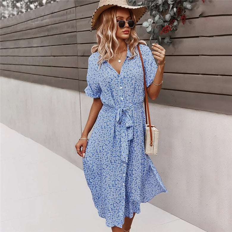 Robe midi à imprimé floral, coupe fluide et boutonnage sur le devant