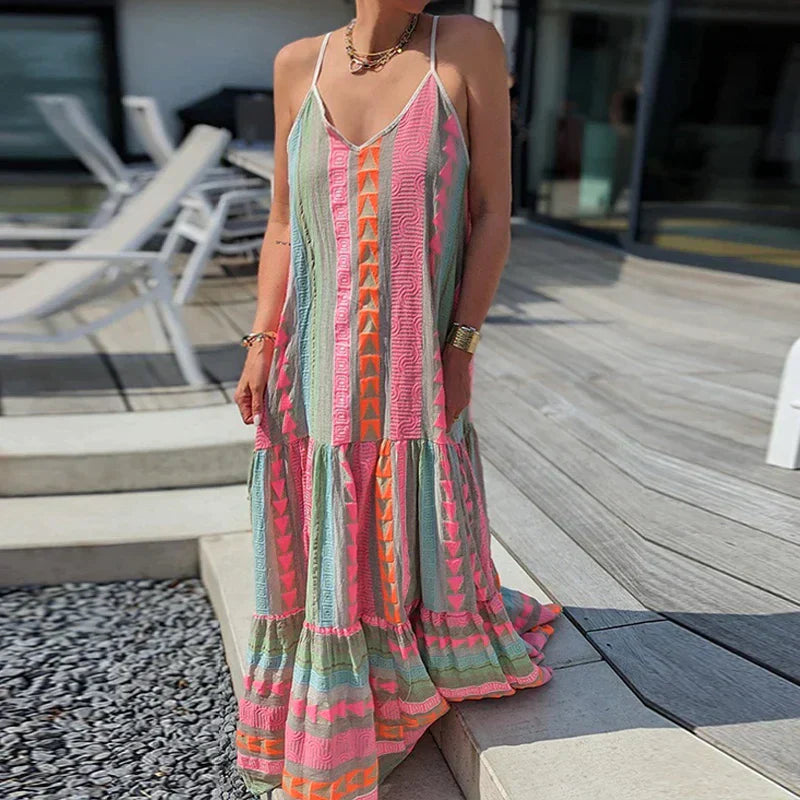 Debbie - Robe élégante sans manches avec volants et imprimé décontracté