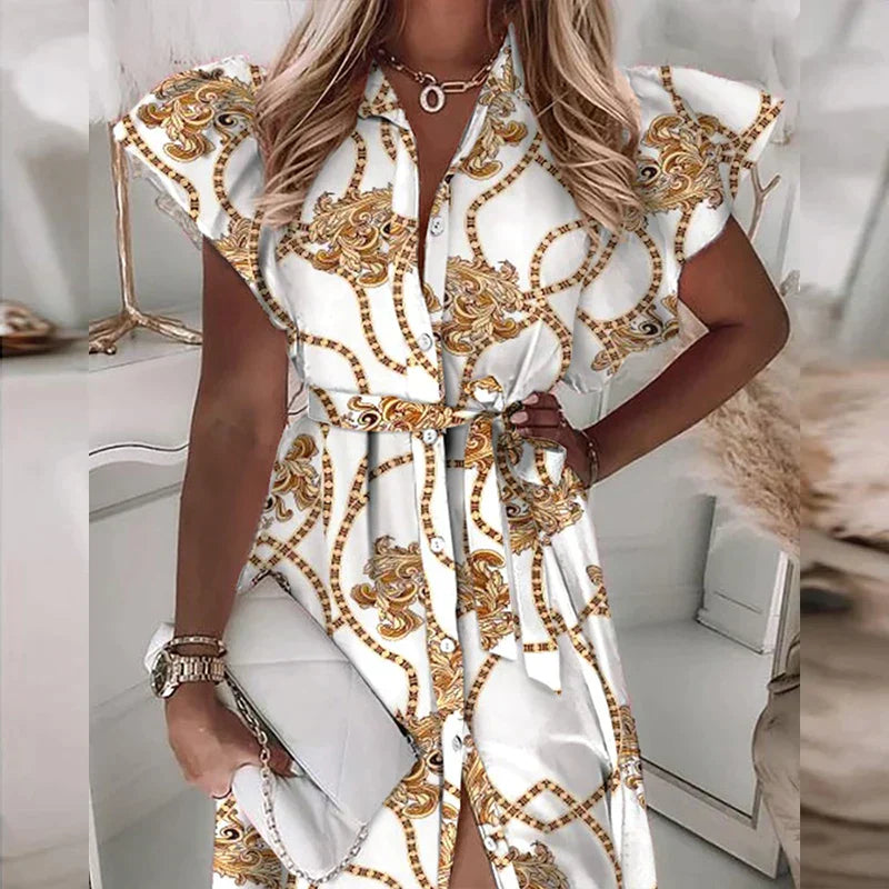 Alexa - Robe midi à volants, manches courtes, col en V, imprimée avec des boutons