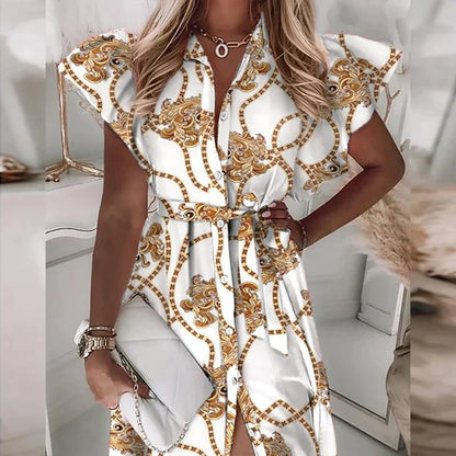 Alexa - Robe midi à volants, manches courtes, col en V, imprimée avec des boutons