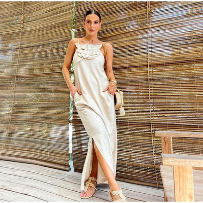 Marinelle - Robe longue avec fente et poches en lin mélangé avec décoration florale