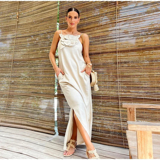 Marinelle - Robe longue avec fente et poches en lin mélangé avec décoration florale