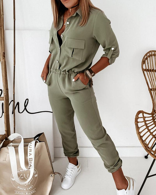 Combinaison élégante à manches longues et taille élastique | Style bureau décontracté