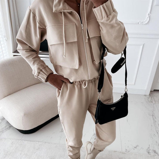 Ensemble Cargo décontracté d'automne | Tracksuit de mode pour femmes | Veste et pantalon zippés à manches longues
