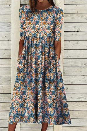 Scandia - Robe midi d'été à manches courtes et imprimé floral