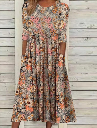 Scandia - Robe midi d'été à manches courtes avec imprimé floral