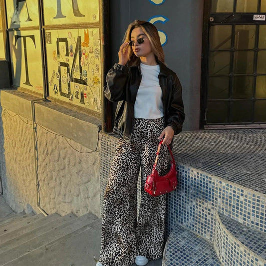 Pantalon large vintage avec imprimé léopard pour femmes